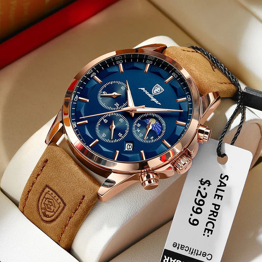 'POEDAGAR Genuine Leather Men's Watch Fashion Luminous Calendar Stopwatch Male Clock Waterproof"