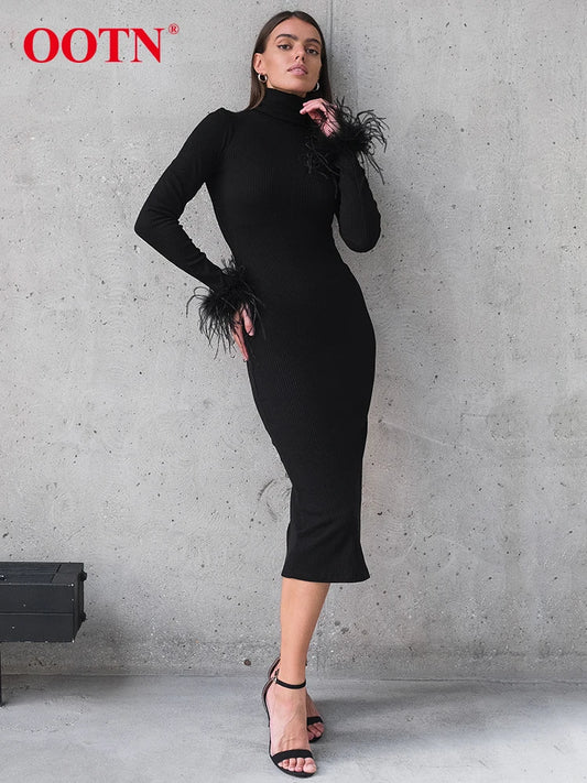 "2024 Spring Fashion: Black Feather Split Dress"